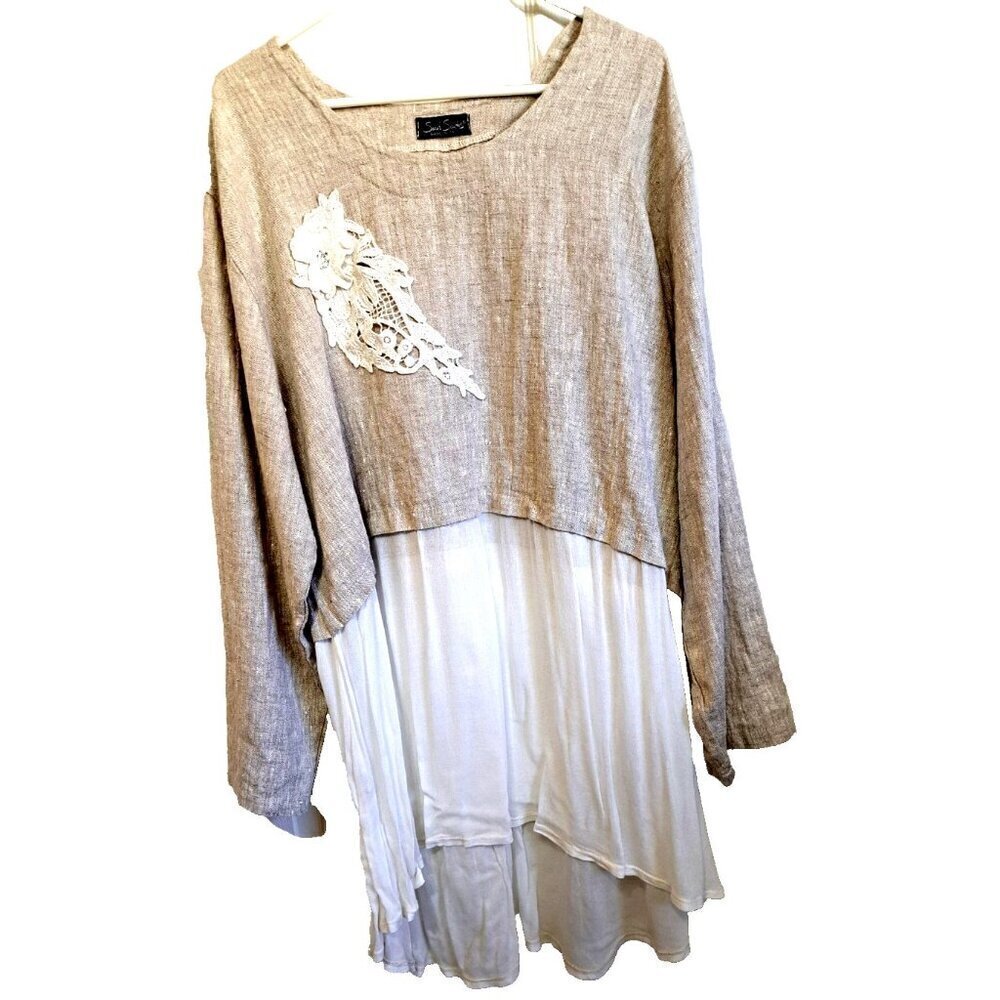 Sarah Santos Women's 2XL Beige Linen Lagenlook Oversized Tunic Top Lace Applique
